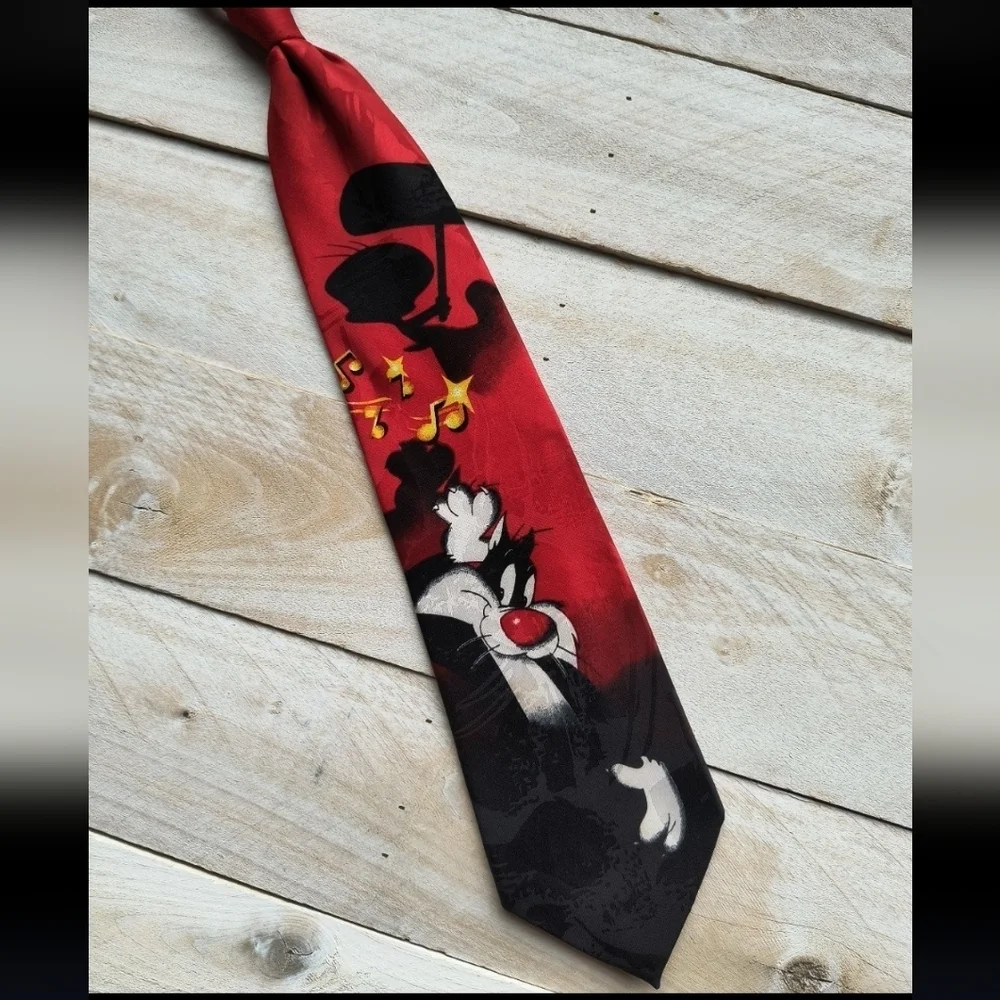 Looney Tunes Mania Men's Red Tie Sylvester Pussycat And Tweety Musical Vintage